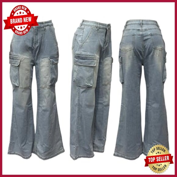 High Waist Wide Leg Jeans Distressed Raw Hem Y2K Baggy Boyfriend Denim - Picture 5 of 7